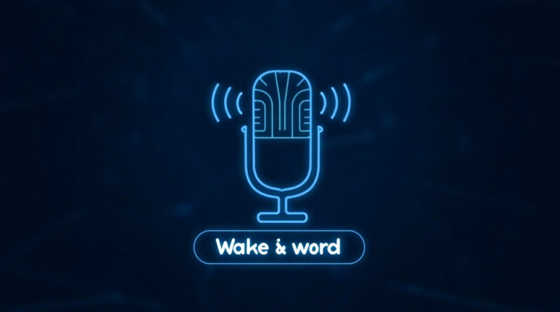 A microphone icon with sound waves and a digital wake word label, representing voice assistant wake word detection technology