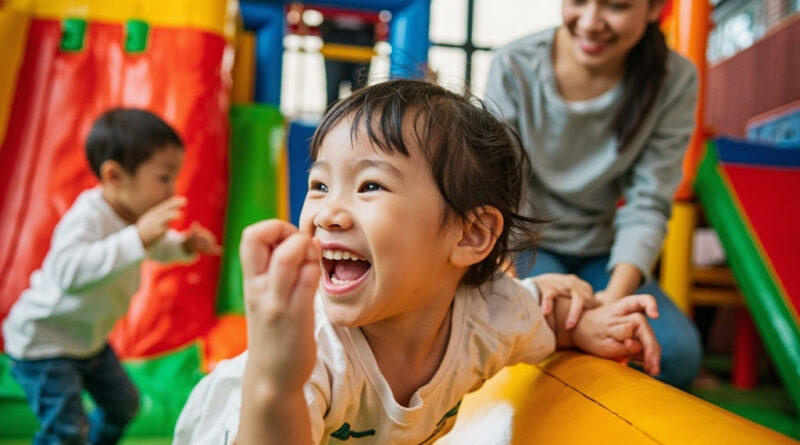 香港室內兒童遊樂場，孩子們在色彩繽紛的遊戲設施中盡情玩耍