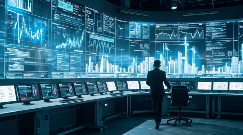 AI-powered smart grid control dashboard showing energy flow optimization in a modern utility operations center