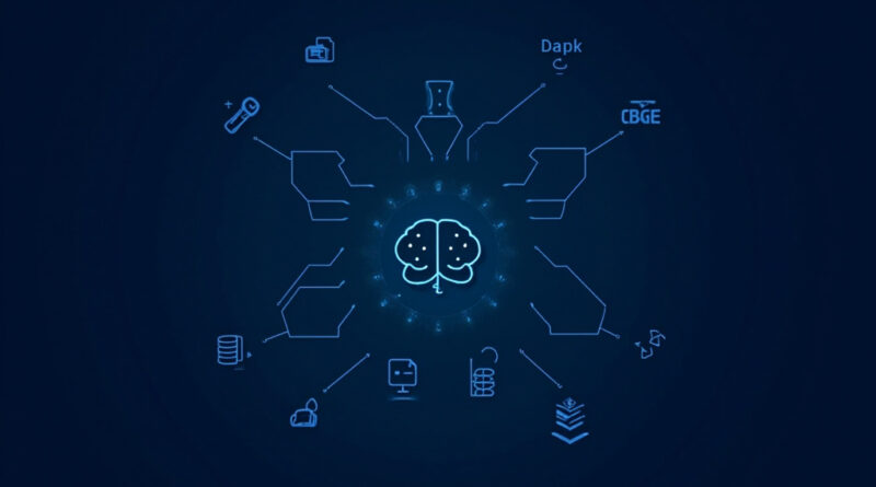 A futuristic AI agent icon showing a robot brain connected to multiple tools and data streams