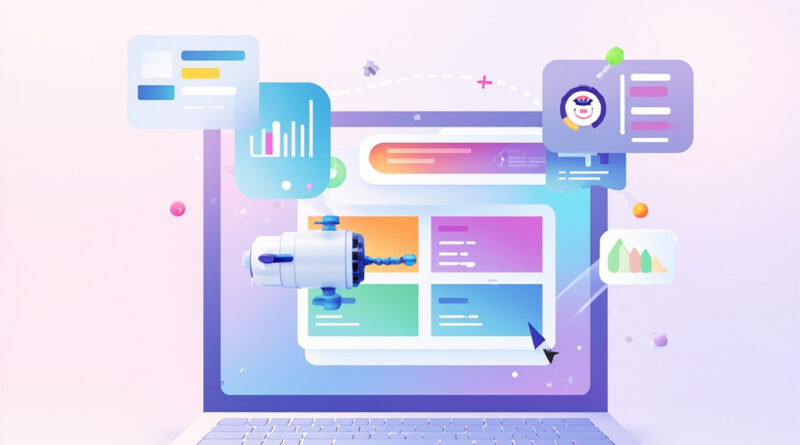 AI-generated presentation on a laptop screen with colorful charts and modern design elements