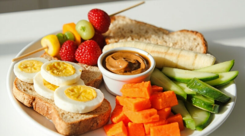 Colorful healthy snacks including fruit skewers, boiled eggs, and whole grain toast arranged on a clean plate for Hong Kong kids