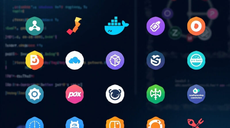 A terminal window showing multiple Docker containers running with colorful logos for popular self-hosted apps