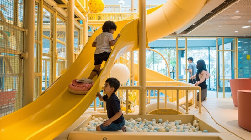 A child playing at a large indoor adventure playground in Hong Kong with slides, ball pits, and climbing structures