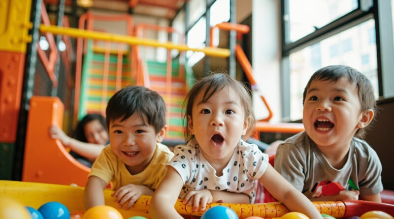 A modern Hong Kong indoor playground with colorful climbing structures, ball pit, and children playing in a safe environment