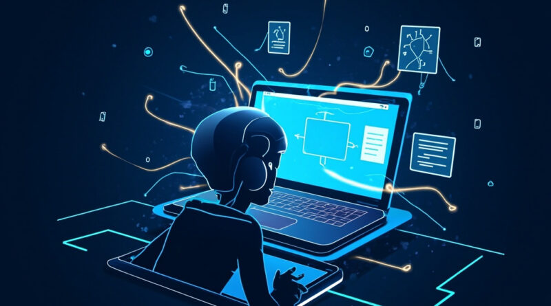 An AI agent reaching into a web browser to extract data, visualized as glowing threads connecting to web pages