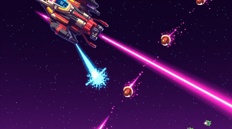 A colorful 2D space shooter game running in a browser, with pixel art ships and laser effects on a starfield background