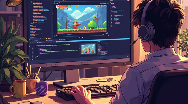 A beginner working on a browser-based RPG game on a computer screen with code and game graphics visible
