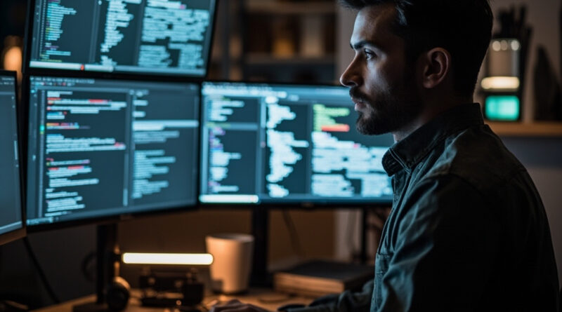 A developer reviewing glowing code on a monitor next to a coffee cup, with a vibe-coded app interface visible in the background