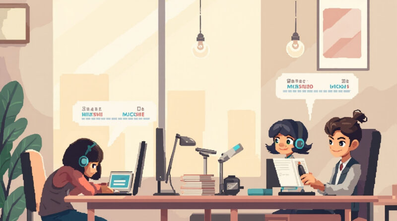 Pixel art office dashboard showing AI agents at work stations with speech bubbles