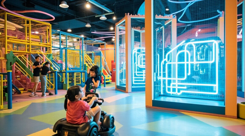 Three children exploring different indoor play zones at new Hong Kong indoor playgrounds in 2026