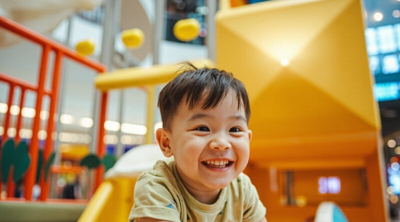Children playing on a multi-zone indoor adventure playground with climbing walls, slides and ball pit in modern Hong Kong mall