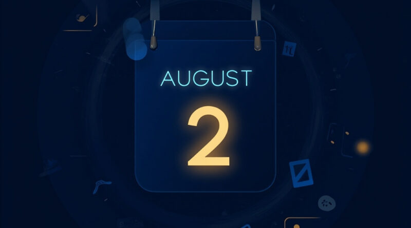 An EU flag motif overlays a glowing countdown calendar with August 2 highlighted, surrounded by AI compliance icons.