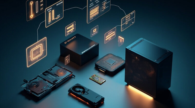 A modular hardware lineup of GPUs and Apple Silicon chips paired with abstract LLM model diagrams and quantization charts.