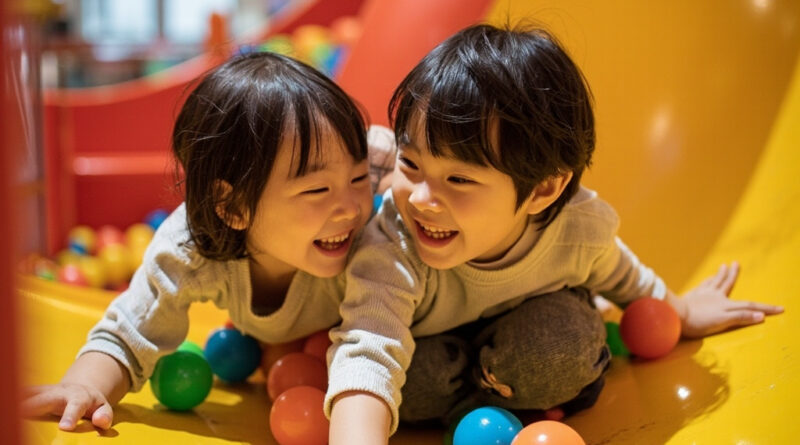 Children playing inside a colourful new indoor playground with slides and ball pits in Hong Kong