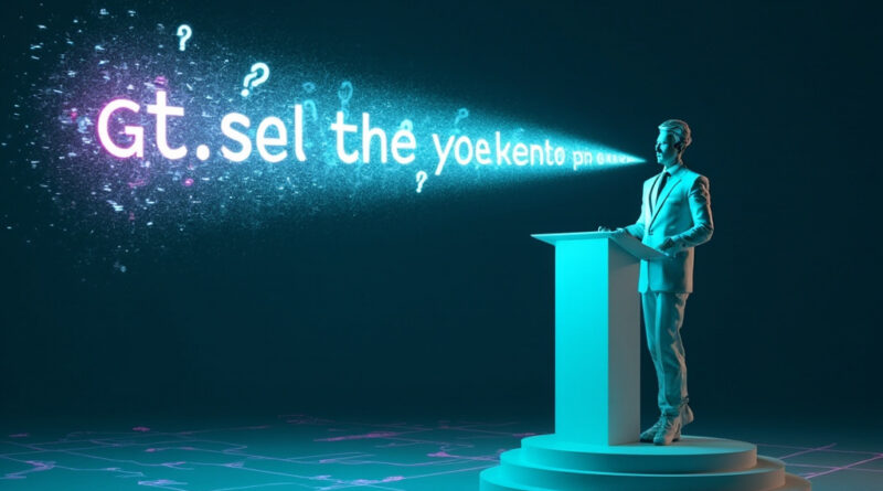 Confident AI assistant projecting holographic text that dissolves into static — a visual metaphor for hallucinations.