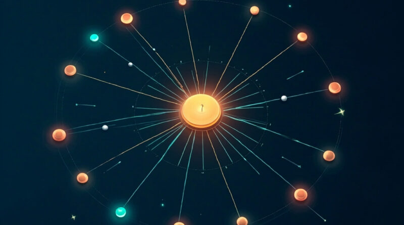 Flat illustration of AI tool nodes linked to a central protocol hub with glowing lines.
