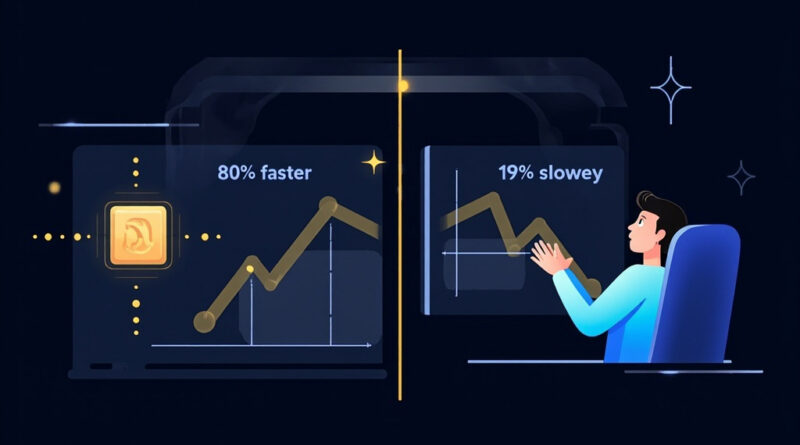 A split-screen showing contradictory productivity data charts and research papers about AI performance in the workplace
