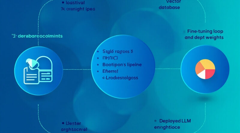 Retrieval pipeline and fine-tuning loop converging into a deployed LLM, illustrated in modern 3D.