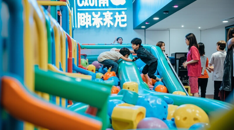 Children climbing and sliding in a colourful air-conditioned indoor playground in Hong Kong during summer