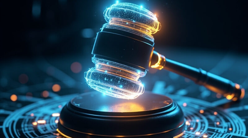 A stylized circuit board shaped like a gavel, representing AI agent governance and runtime accountability.