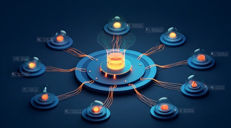 Abstract network of LLM models connected through a central routing node representing AI model routing in 2026.