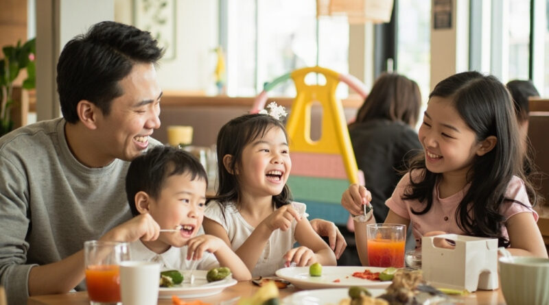 Family dining at a Hong Kong restaurant with kids' play area visible in the background