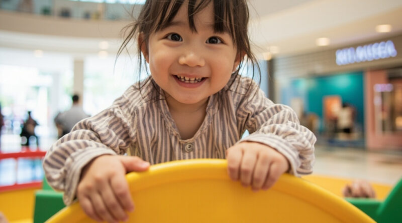 Child playing inside an indoor LEGO-themed playground in Hong Kong shopping mall.