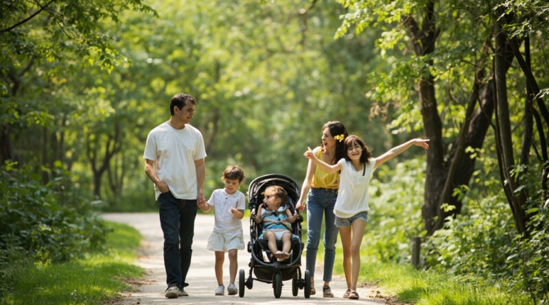 A family walking on a shaded paved trail in Hong Kong with a child in a buggy, surrounded by green trees