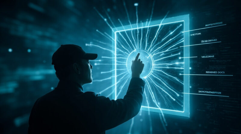 Engineer curating a glowing context window fed by seven streams of tokens.