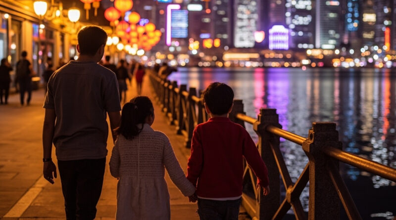 Family watching colourful Mid-Autumn lanterns by Victoria Harbour waterfront at night