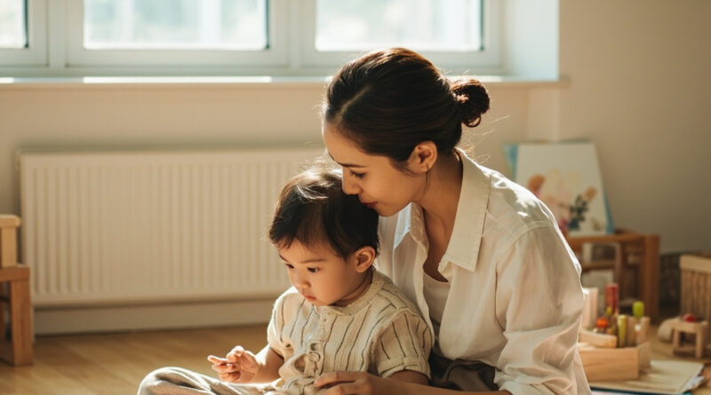 Mother and toddler sitting on a playmat during a Hong Kong playgroup class, soft morning light