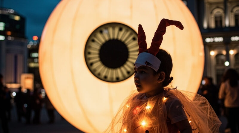 Child in Halloween costume beside a giant lit eyeball installation in Central at dusk