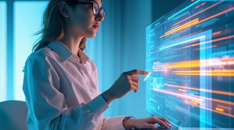 A laptop screen showing an AI agent navigating a browser with floating tool panels.