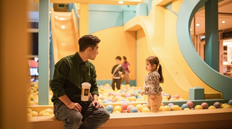 Children playing inside a colorful indoor playground with ball pits and slides